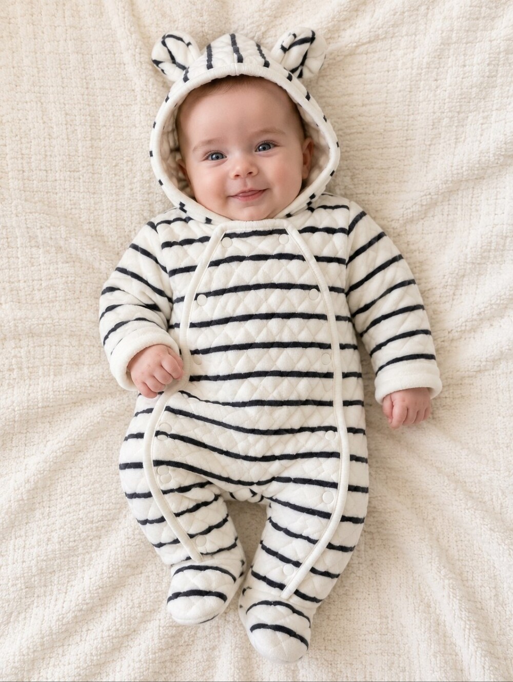 Nordstrom Striped Cream/Black Hooded Outdoor Bunting Mittens Snaps Sz 3 Month